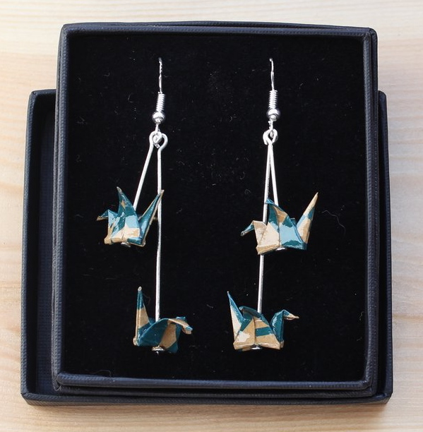 Upcycled paper into crane origami earrings-www.phipholle.co.uk