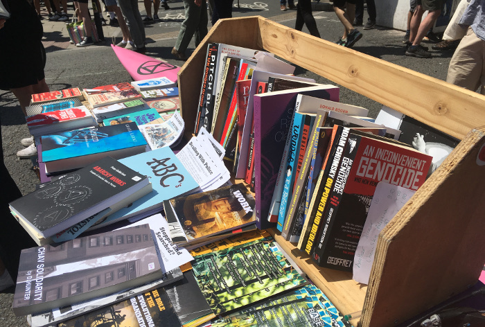 Extinction Rebellion Bristol_bookstall_15July2019_Photo by Judy Darley