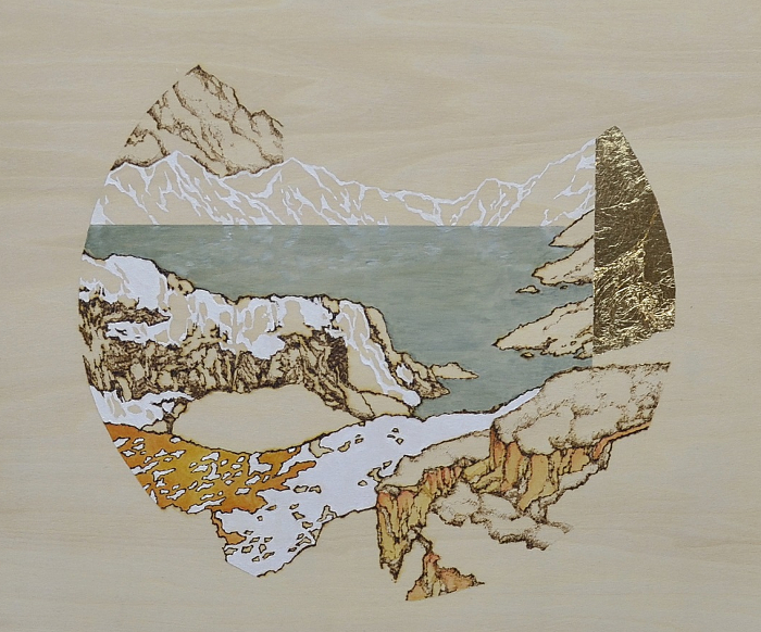 Inlet_Oil, pyrography and gold leaf on wood_by Michelle Loa Kum Cheung