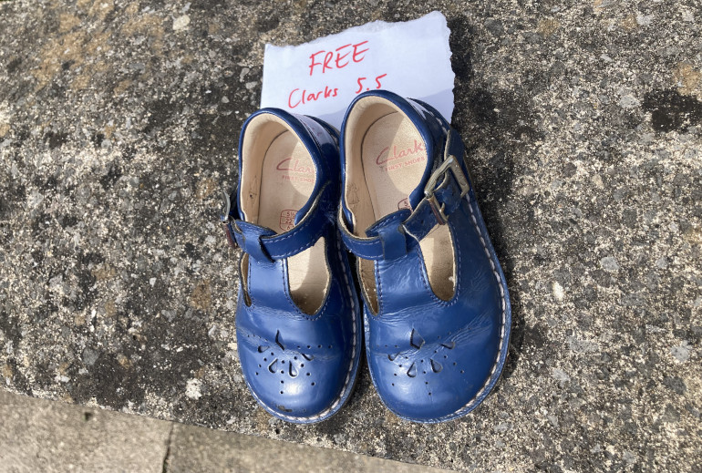 Child's blue t-bar school shoes. Photo by Judy Darley