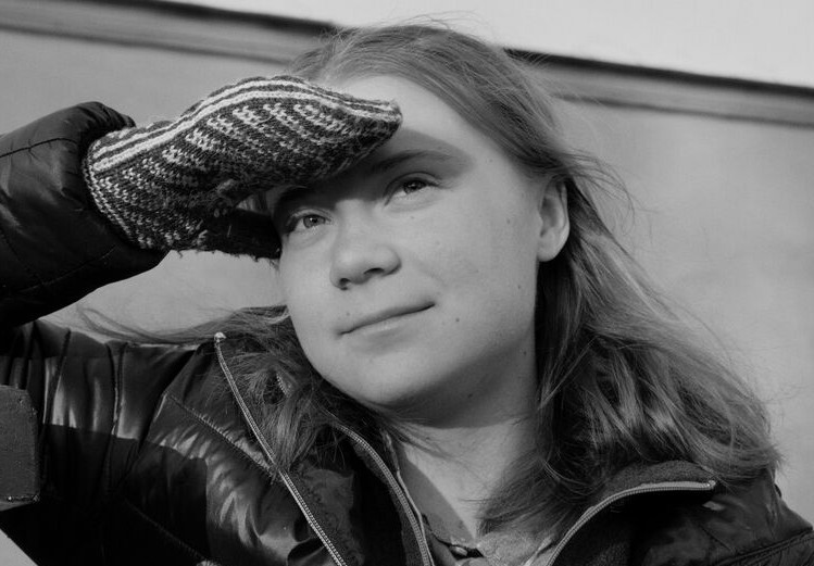 Greta Thunberg cr Kim Jakobsen To. Black and white portrait of activist Greta Thunberg