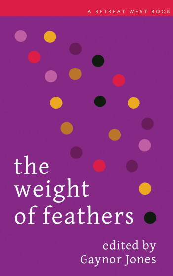 The Weight of Feathers cover. Shows purple book cover with pink, yellow and orange dots loosely shaped into a feather.