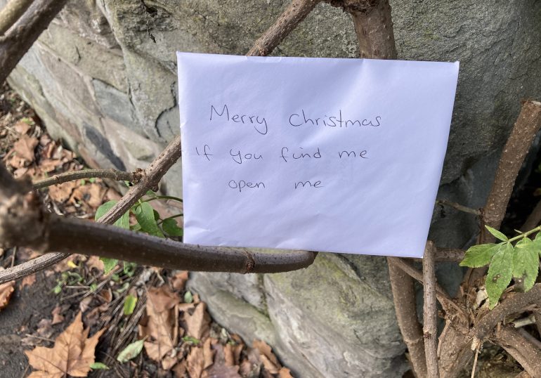 If you find me, open me. White envelope in shrub.
