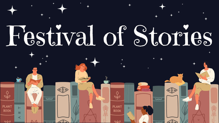 Festival of Stories artwork showing drawings of people sitting on books with the words Festival of Stories in white serif font on a black starry background.
